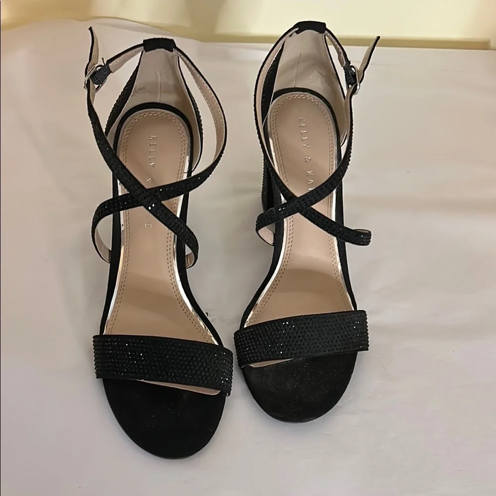Kelly and Kate Paloona Elegant Black Rhinestone Strappy Sandals Block Heel 9